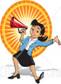 Royalty Free RF Clipart Illustration Of An Energetic Business Woman Announcing Through A Megaphone At A Fair by David Rey